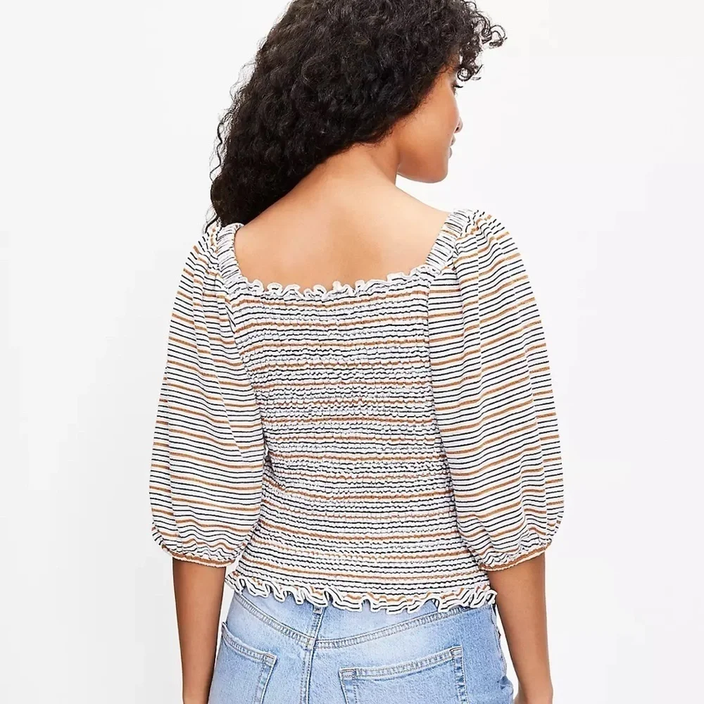 LOFT Women's Striped Smocked Puff Sleeve Blouse Size xs Multicolor